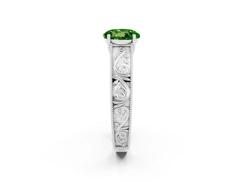 White gold Round Cut Peridot Solitaire Ring with Engraved Band and Four-Prong Setting_2