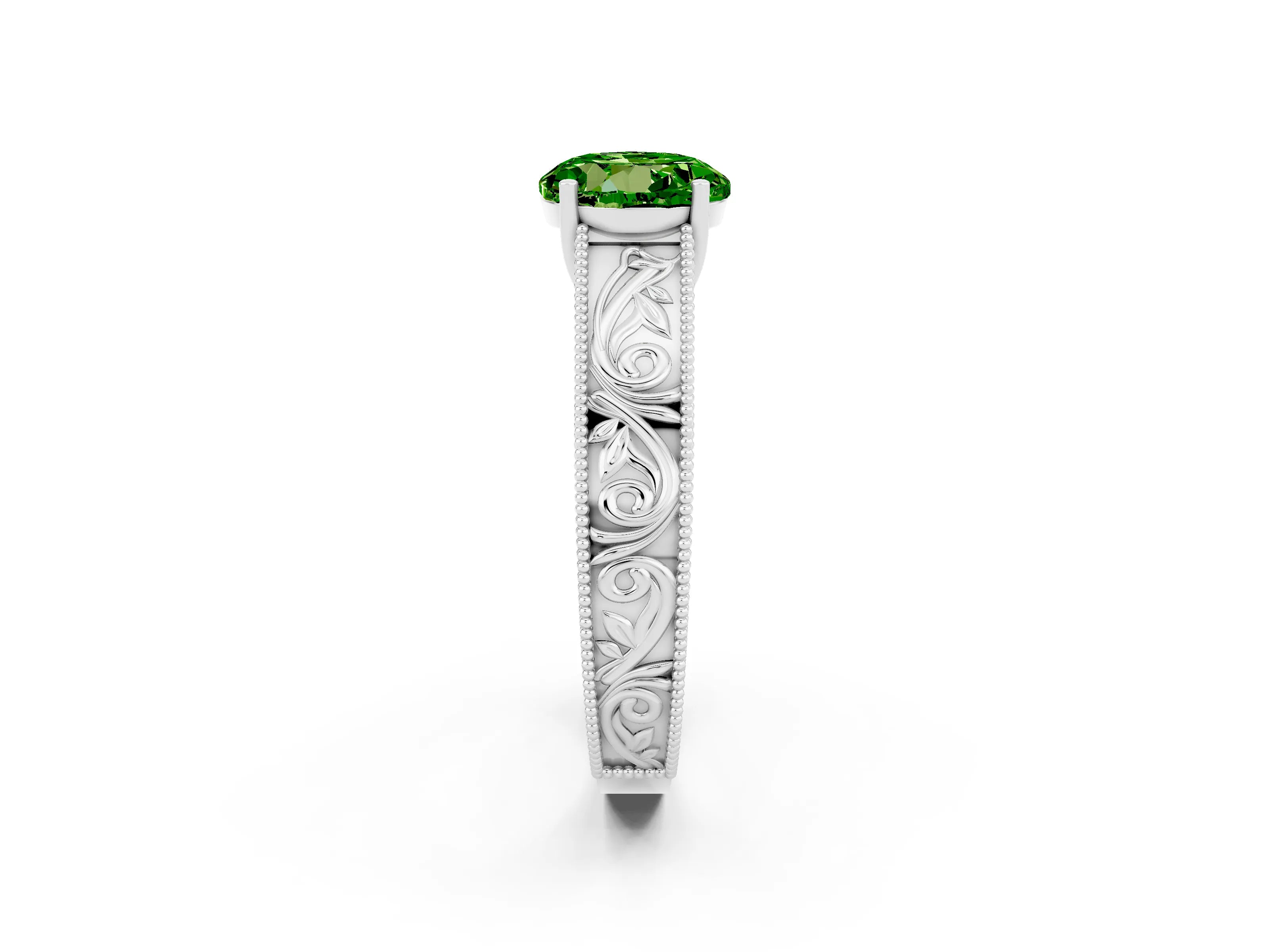 White gold Round Cut Peridot Solitaire Ring with Engraved Band and Four-Prong Setting_2