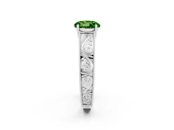 White gold Round Cut Peridot Solitaire Ring with Engraved Band and Four-Prong Setting