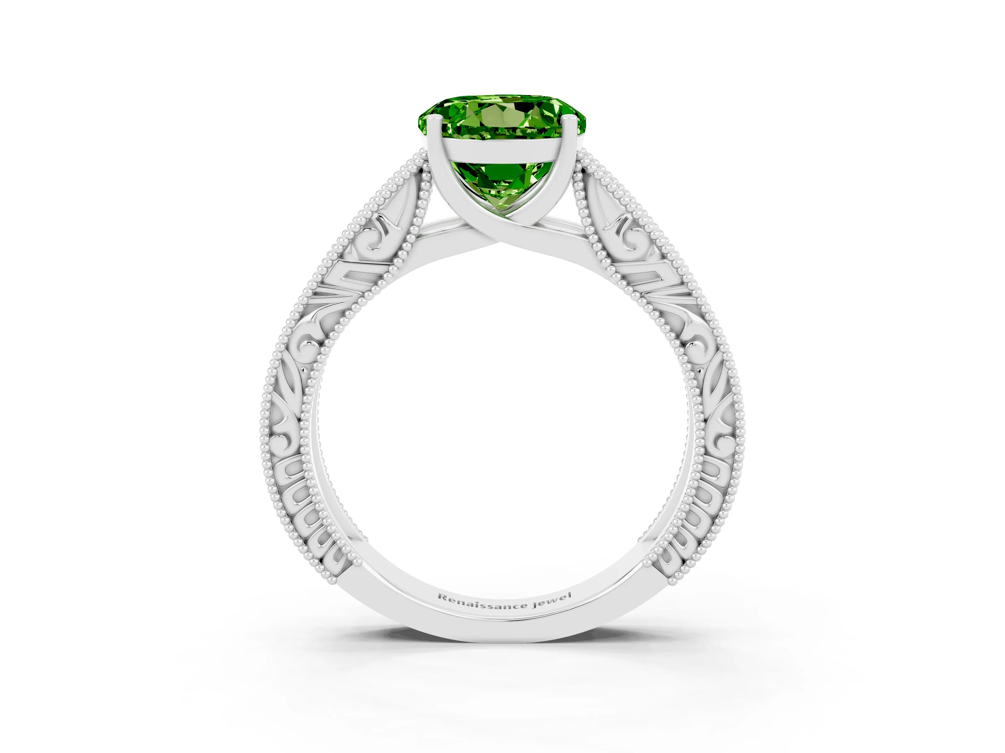 White gold Round Cut Peridot Solitaire Ring with Engraved Band and Four-Prong Setting_3