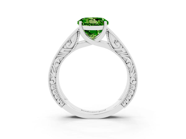 Silver Round Cut Peridot Solitaire Ring with Engraved Band and Four-Prong Setting
