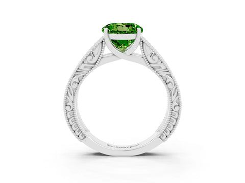 White gold Round Cut Peridot Solitaire Ring with Engraved Band and Four-Prong Setting_3