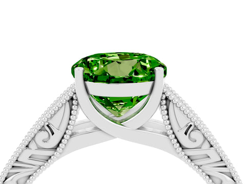 White gold Round Cut Peridot Solitaire Ring with Engraved Band and Four-Prong Setting_4