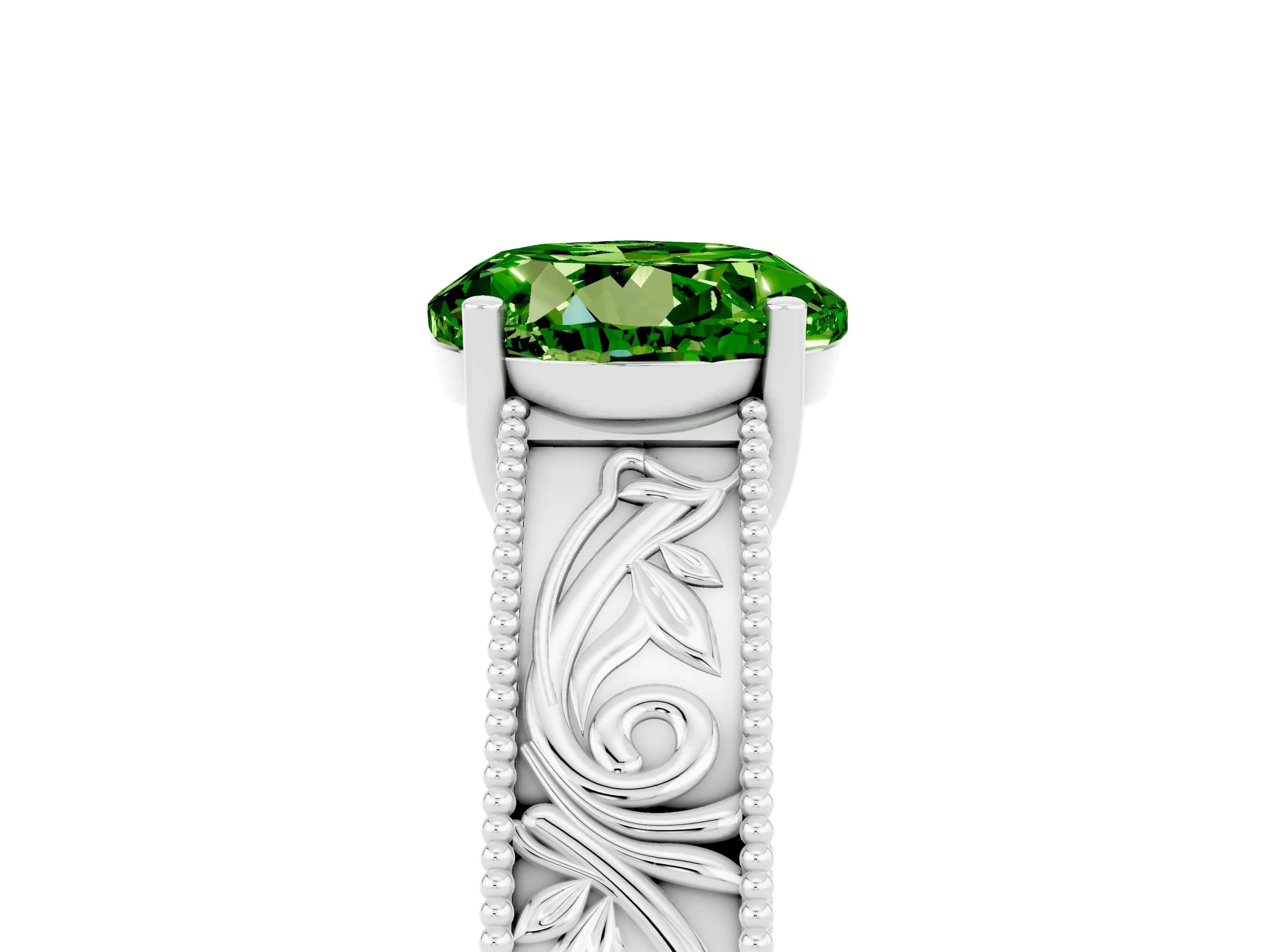 White gold Round Cut Peridot Solitaire Ring with Engraved Band and Four-Prong Setting_5