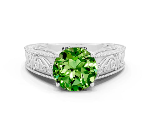 White gold Round Cut Peridot Solitaire Ring with Engraved Band and Four-Prong Setting