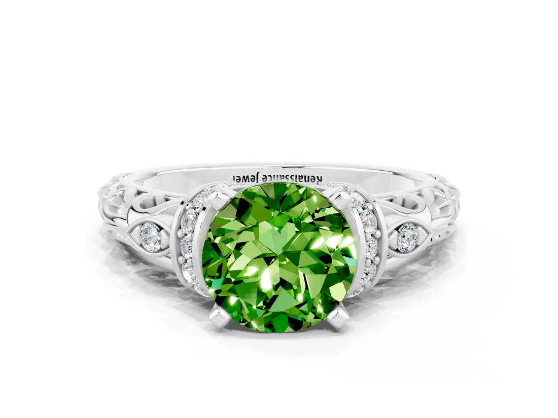 White gold Round Cut Peridot Solitaire Ring with Filigree Band and Four-Prong Setting_24