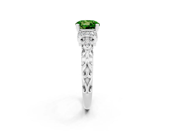 White gold Round Cut Peridot Solitaire Ring with Filigree Band and Four-Prong Setting