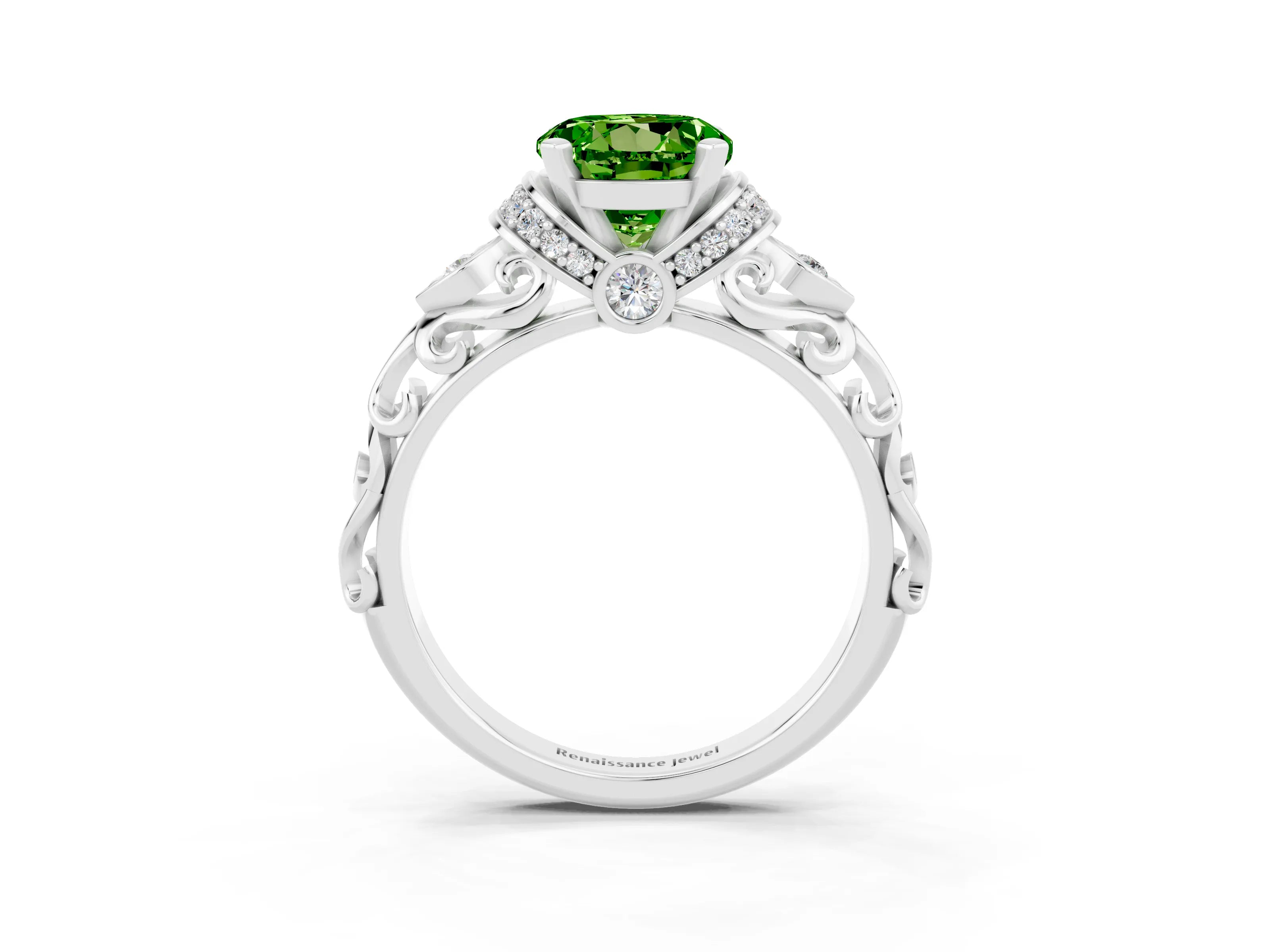 White gold Round Cut Peridot Solitaire Ring with Filigree Band and Four-Prong Setting_27