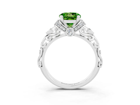 White gold Round Cut Peridot Solitaire Ring with Filigree Band and Four-Prong Setting_27