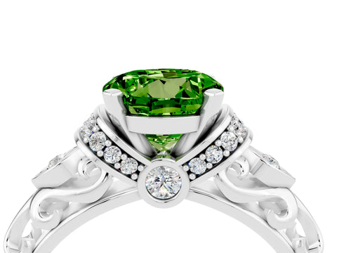 White gold Round Cut Peridot Solitaire Ring with Filigree Band and Four-Prong Setting_28