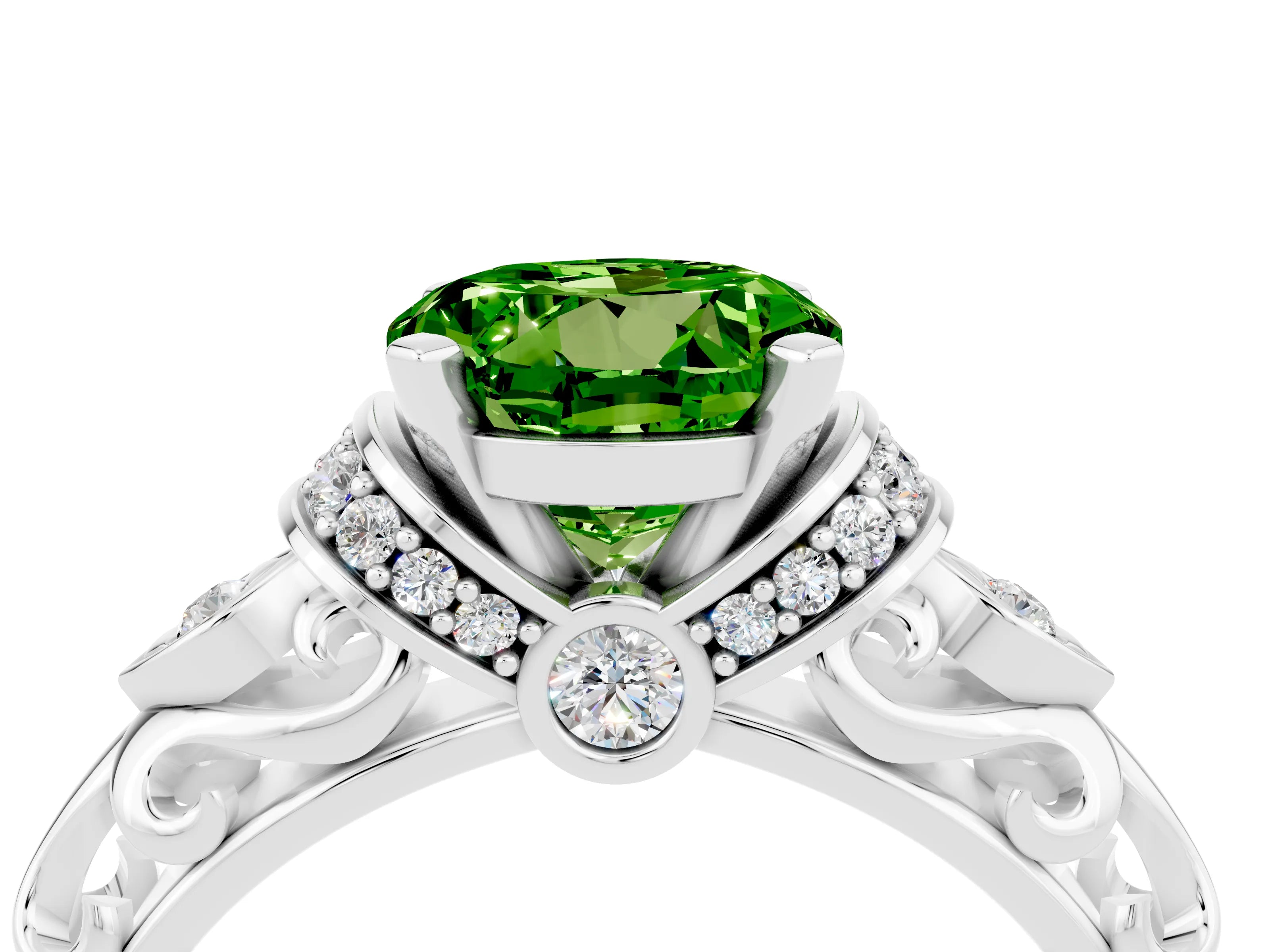 White gold Round Cut Peridot Solitaire Ring with Filigree Band and Four-Prong Setting_28