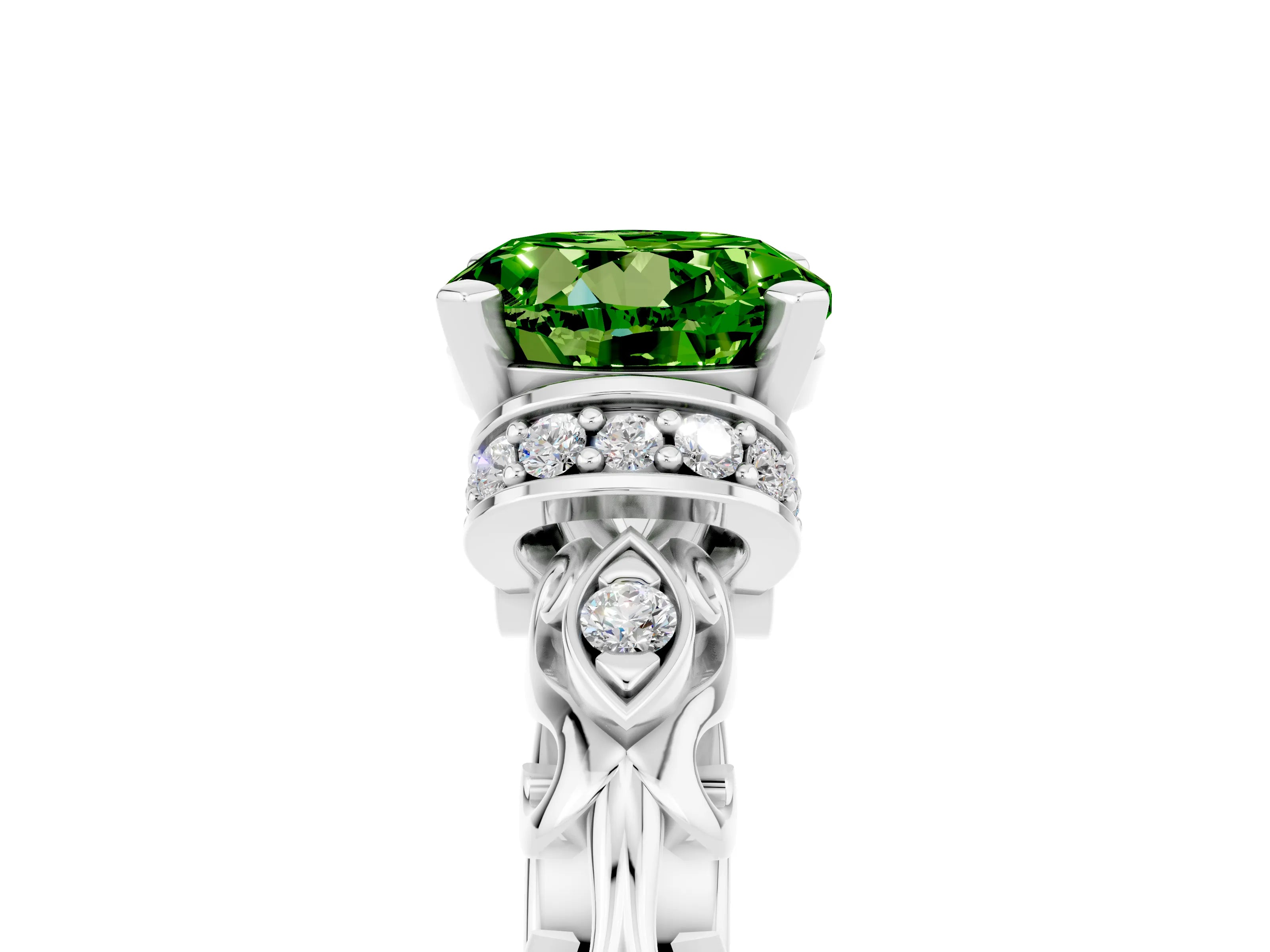 White gold Round Cut Peridot Solitaire Ring with Filigree Band and Four-Prong Setting_29
