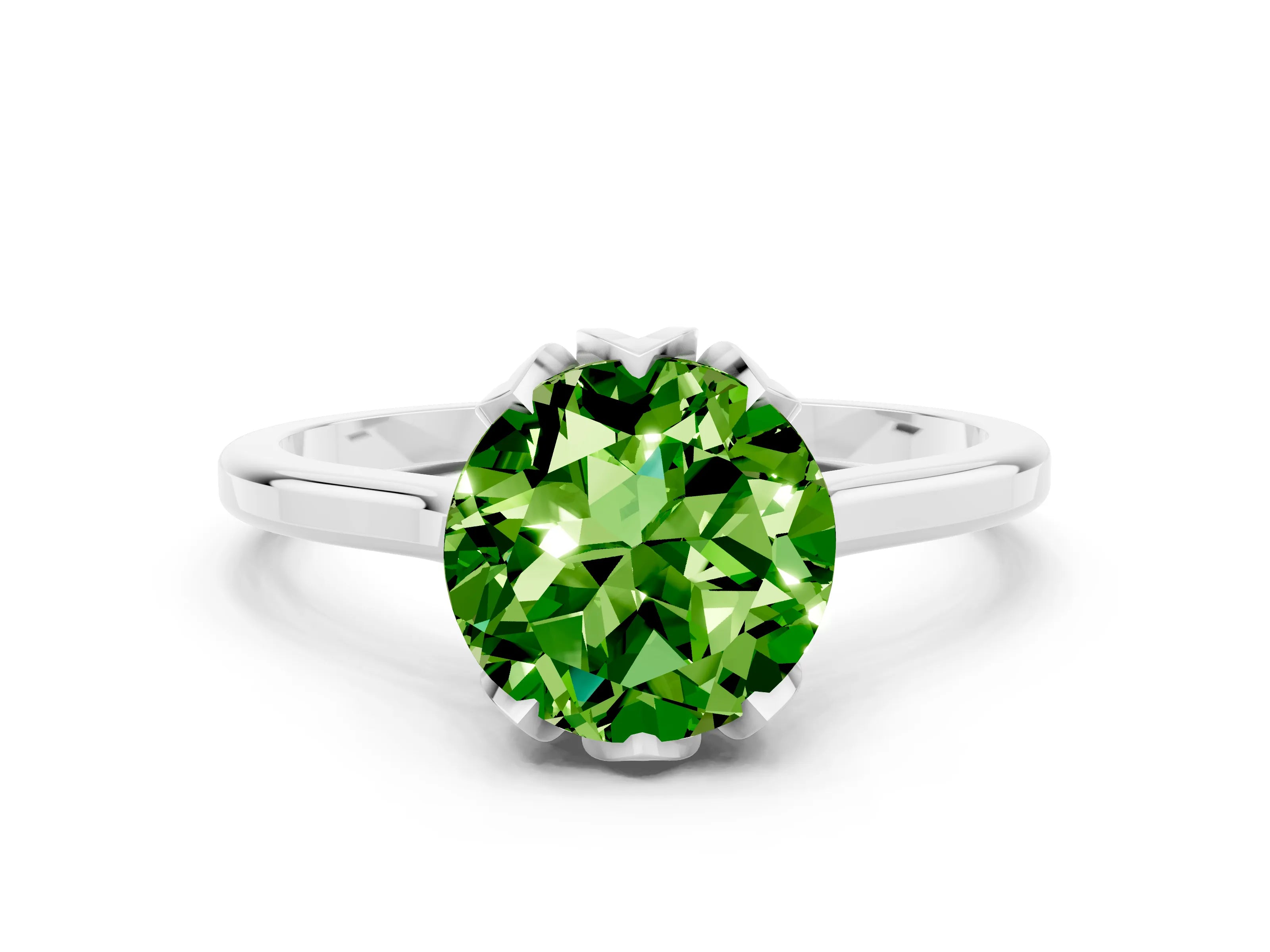 White gold Round Cut Peridot Solitaire Ring with Flower Prong Setting and Classic Band_12