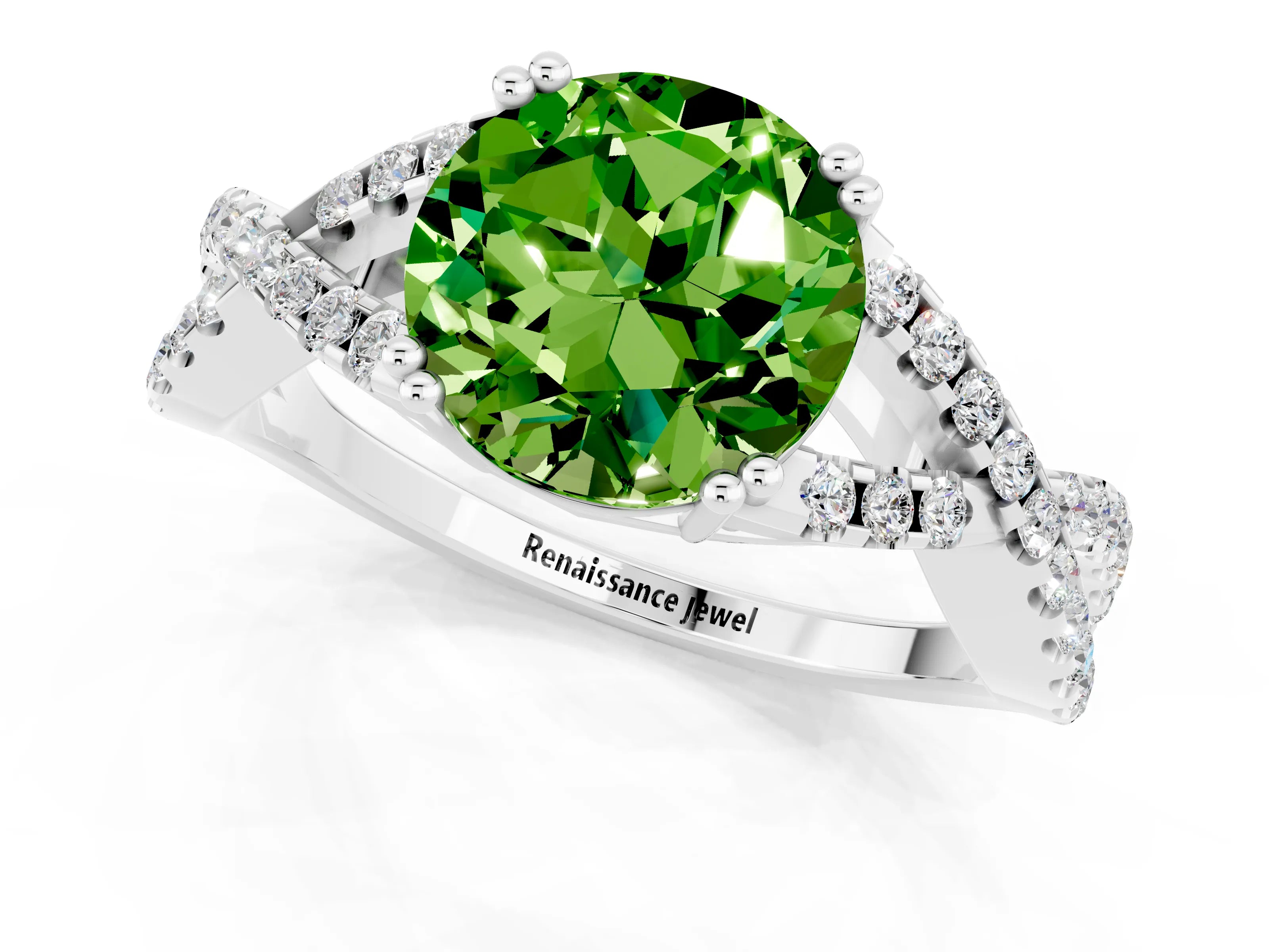 White gold Round Cut Peridot Solitaire Ring with Four-Prong Setting and Twisted Pavé Band_1
