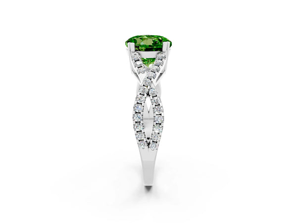 Silver Round Cut Peridot Solitaire Ring with Four-Prong Setting and Twisted Pavé Band