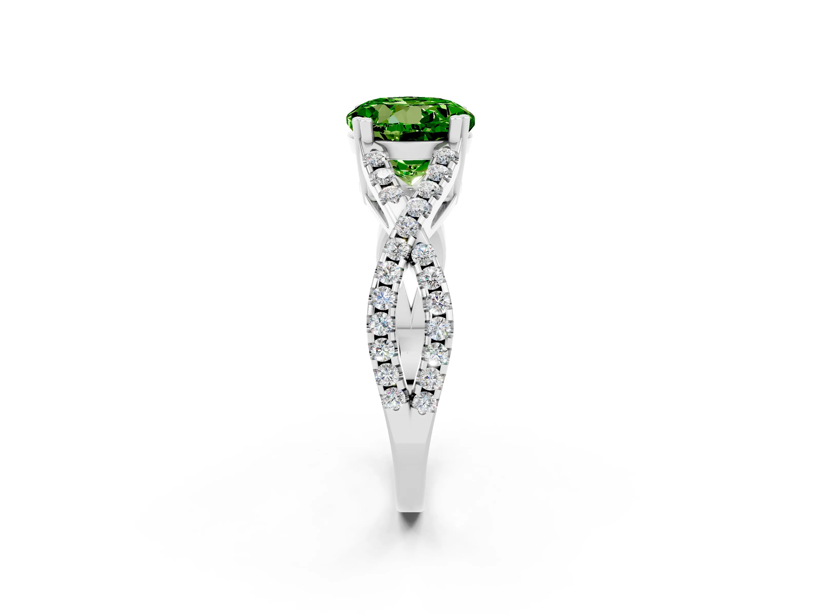 White gold Round Cut Peridot Solitaire Ring with Four-Prong Setting and Twisted Pavé Band_2