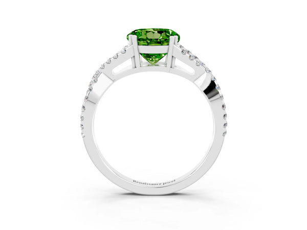 Platinum Round Cut Peridot Solitaire Ring with Four-Prong Setting and Twisted Pavé Band