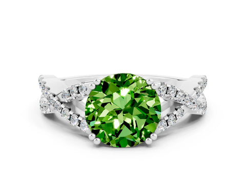 White gold Round Cut Peridot Solitaire Ring with Four-Prong Setting and Twisted Pavé Band