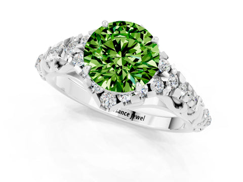 White gold Round Cut Peridot Solitaire Ring with Hidden Halo and Pavé Band_13