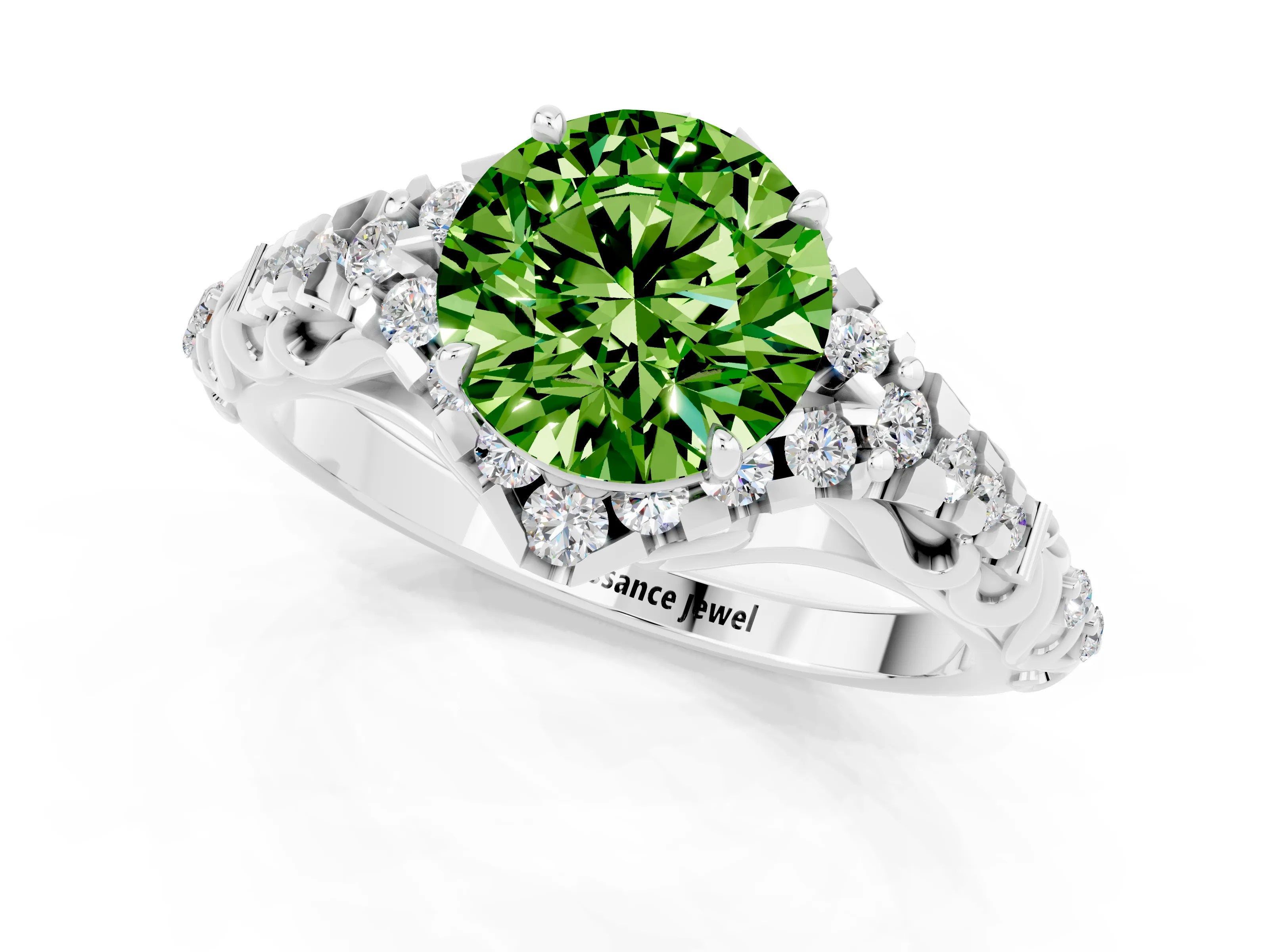 White gold Round Cut Peridot Solitaire Ring with Hidden Halo and Pavé Band_13