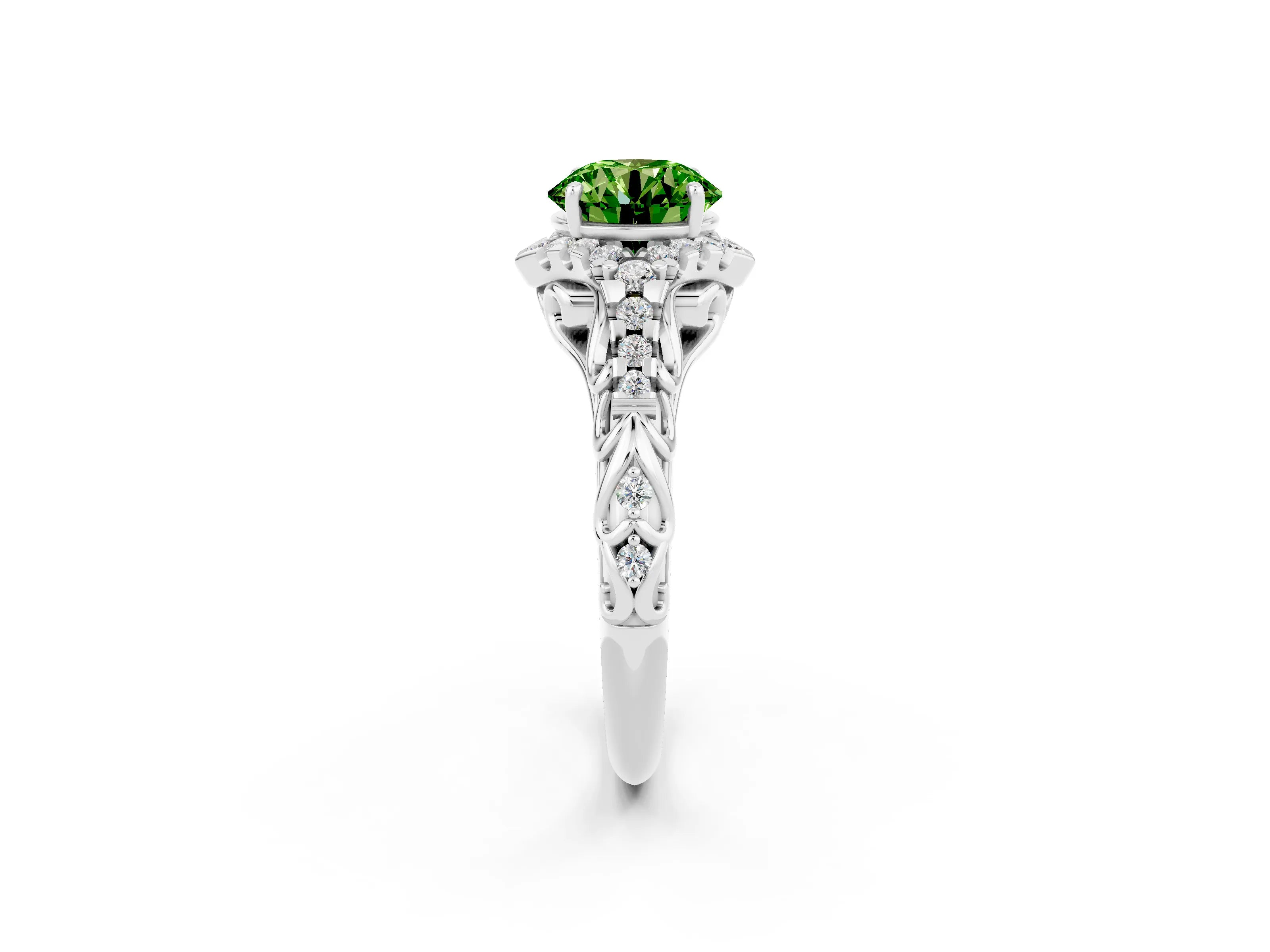 White gold Round Cut Peridot Solitaire Ring with Hidden Halo and Pavé Band_14