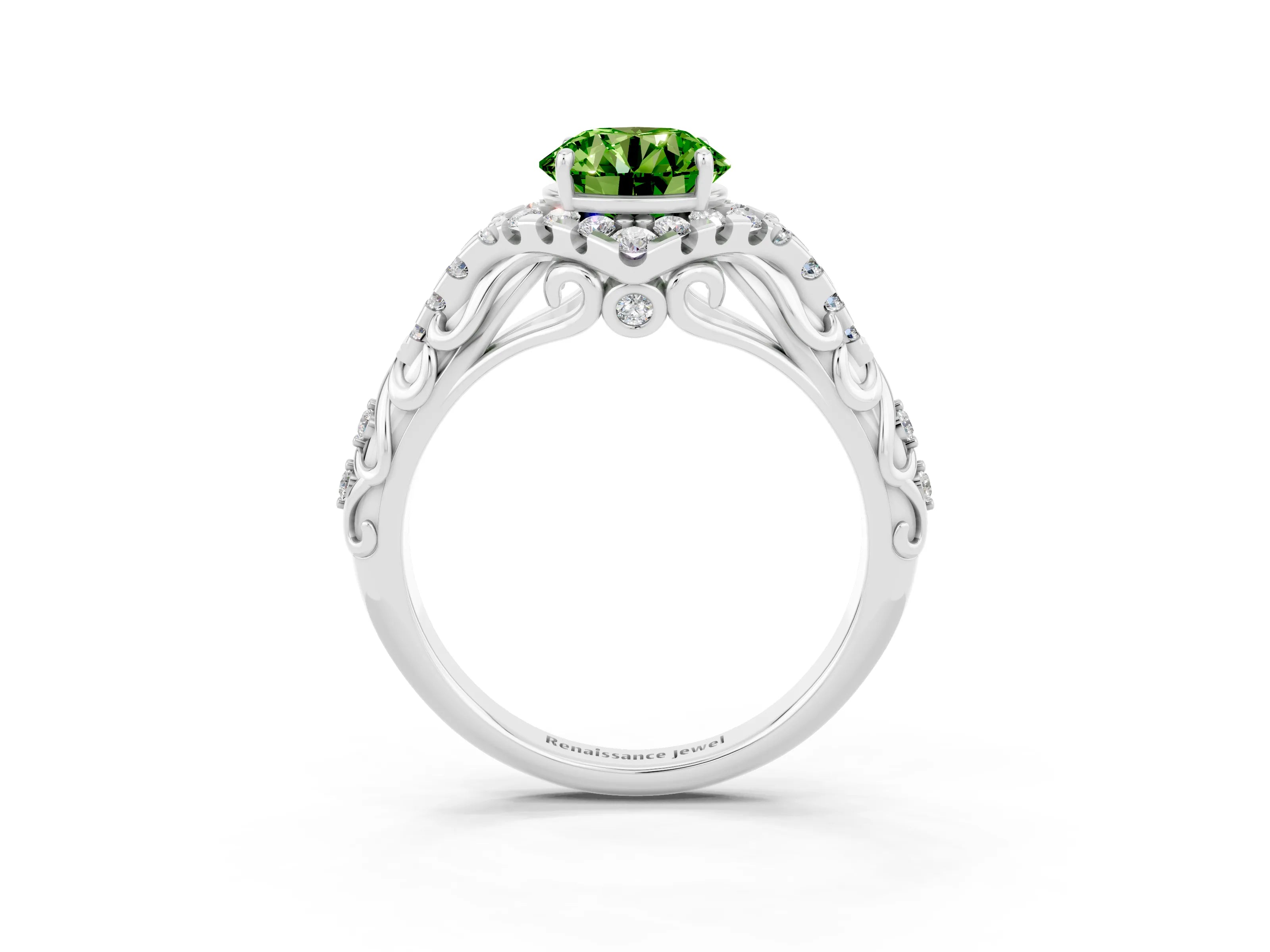 White gold Round Cut Peridot Solitaire Ring with Hidden Halo and Pavé Band_15