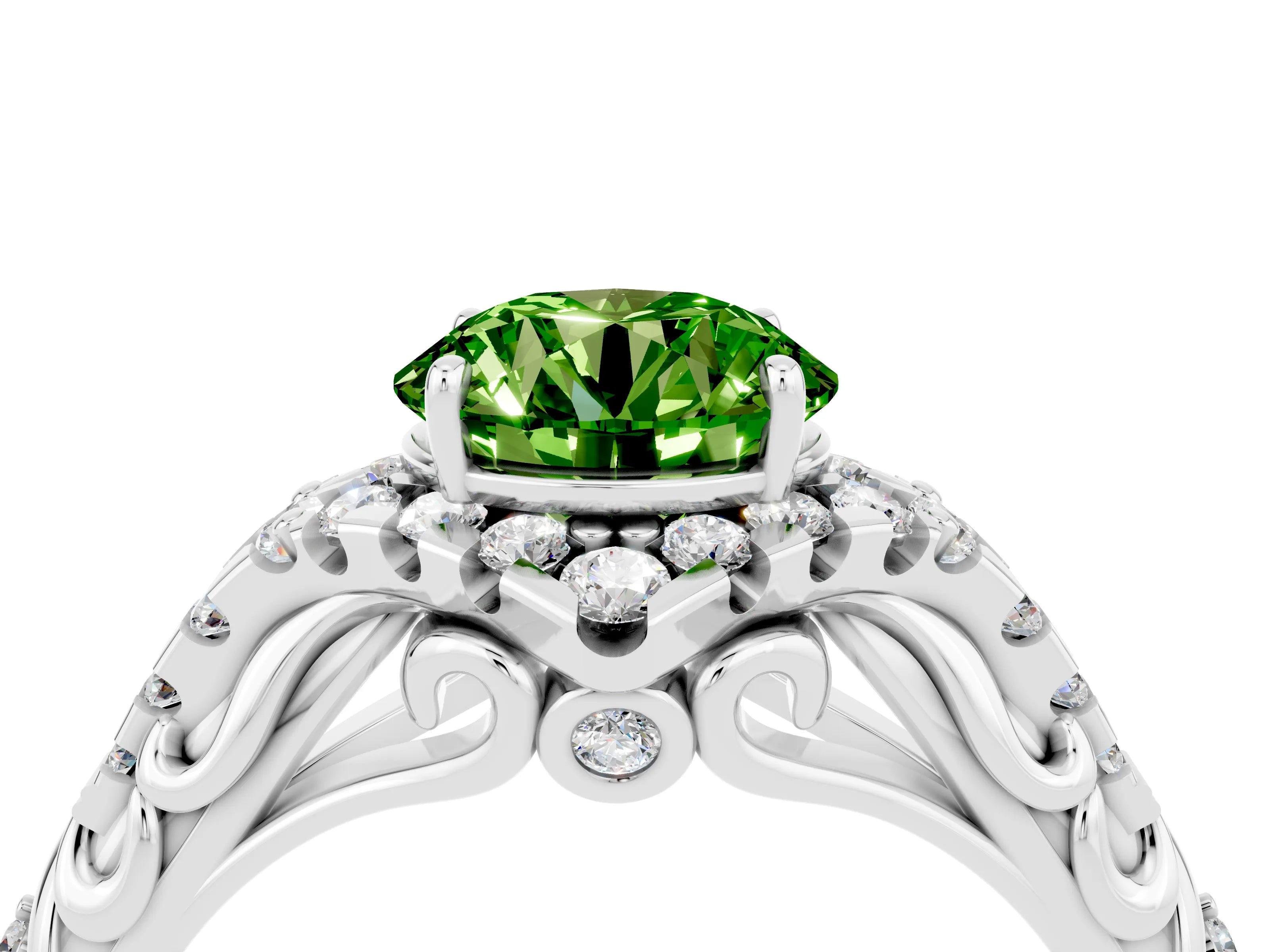 White gold Round Cut Peridot Solitaire Ring with Hidden Halo and Pavé Band_16