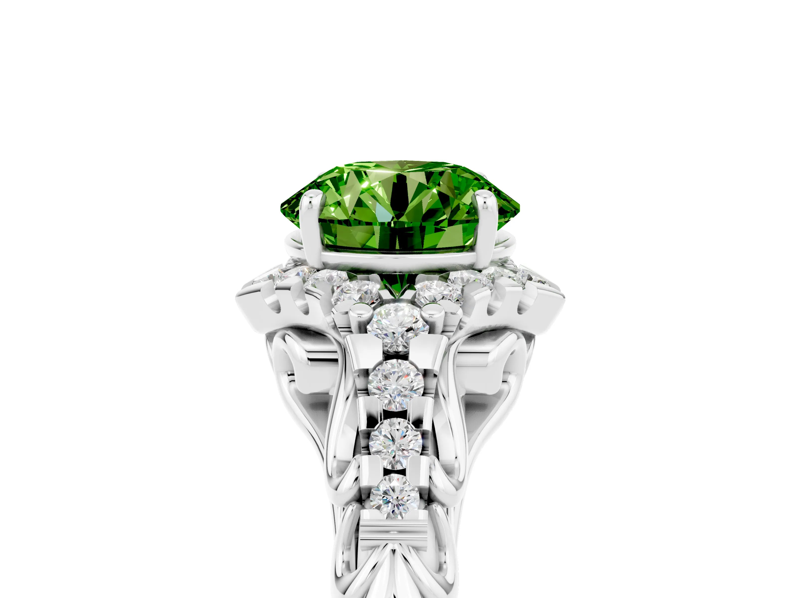 White gold Round Cut Peridot Solitaire Ring with Hidden Halo and Pavé Band_17