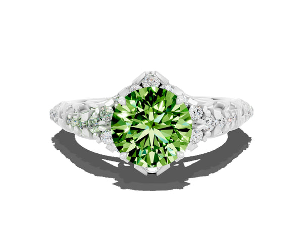 Silver Round Cut Peridot Solitaire Ring with Hidden Halo and Pavé Band