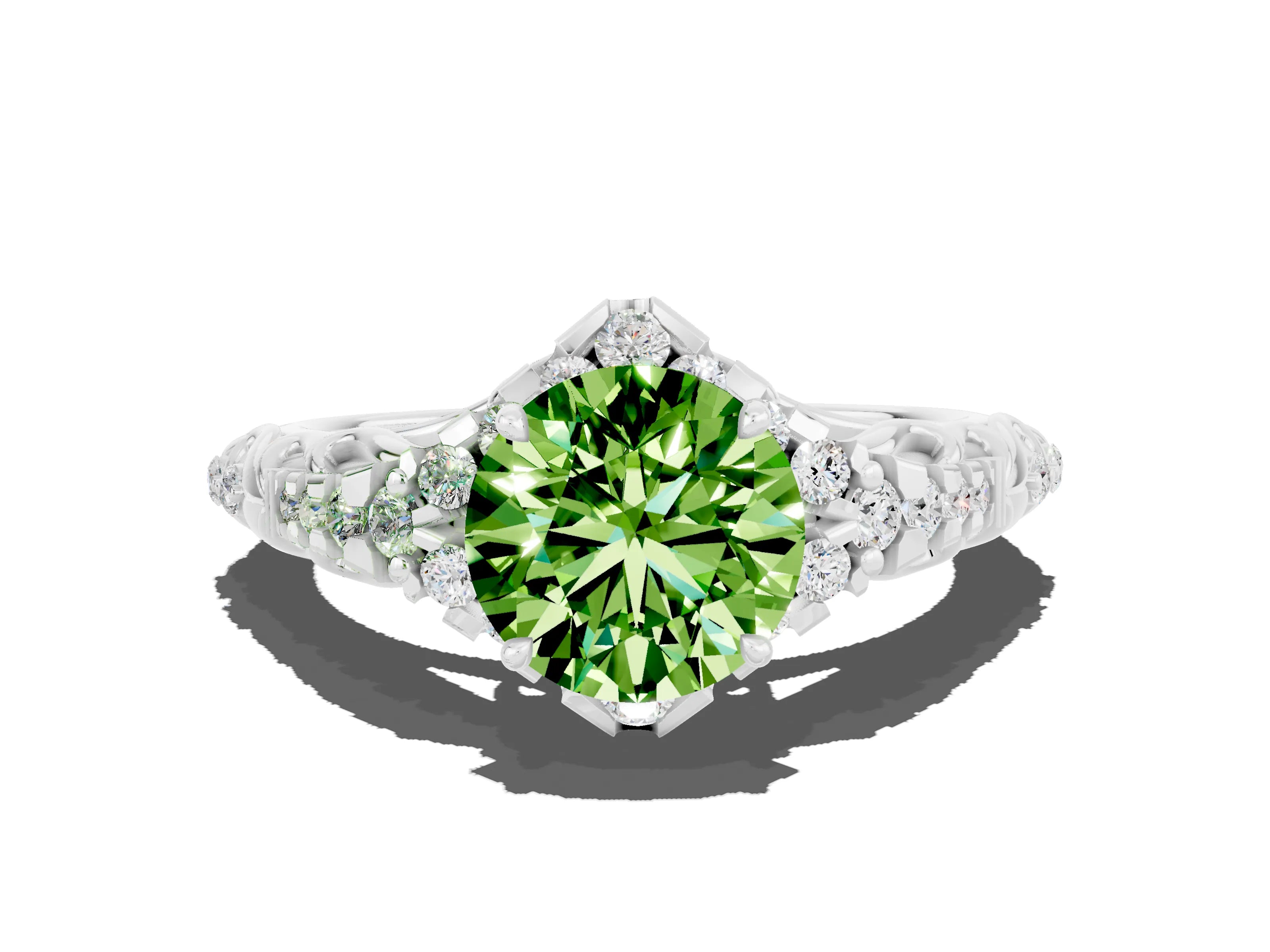 White gold Round Cut Peridot Solitaire Ring with Hidden Halo and Pavé Band_18