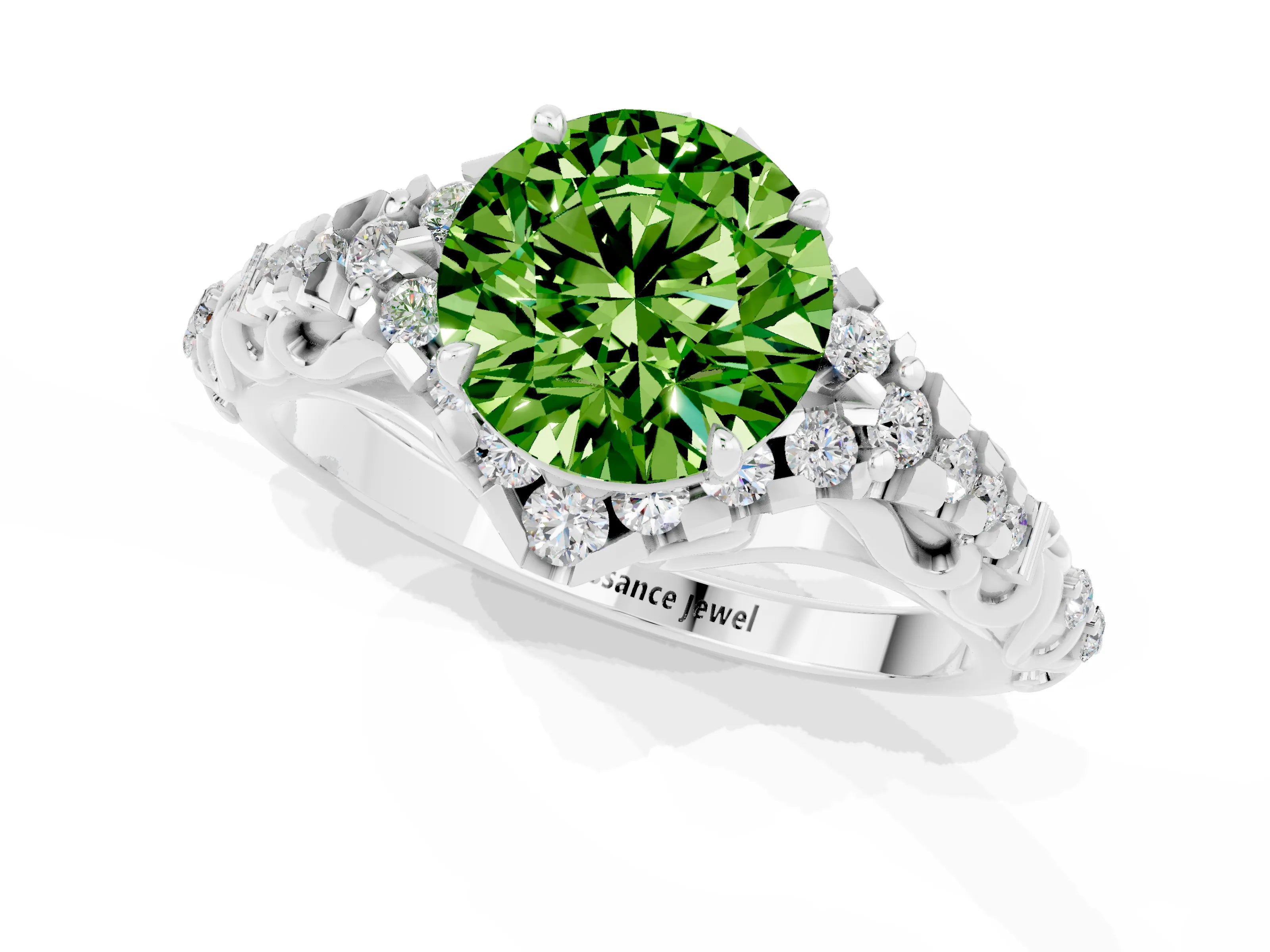 White gold Round Cut Peridot Solitaire Ring with Hidden Halo and Pavé Band_19