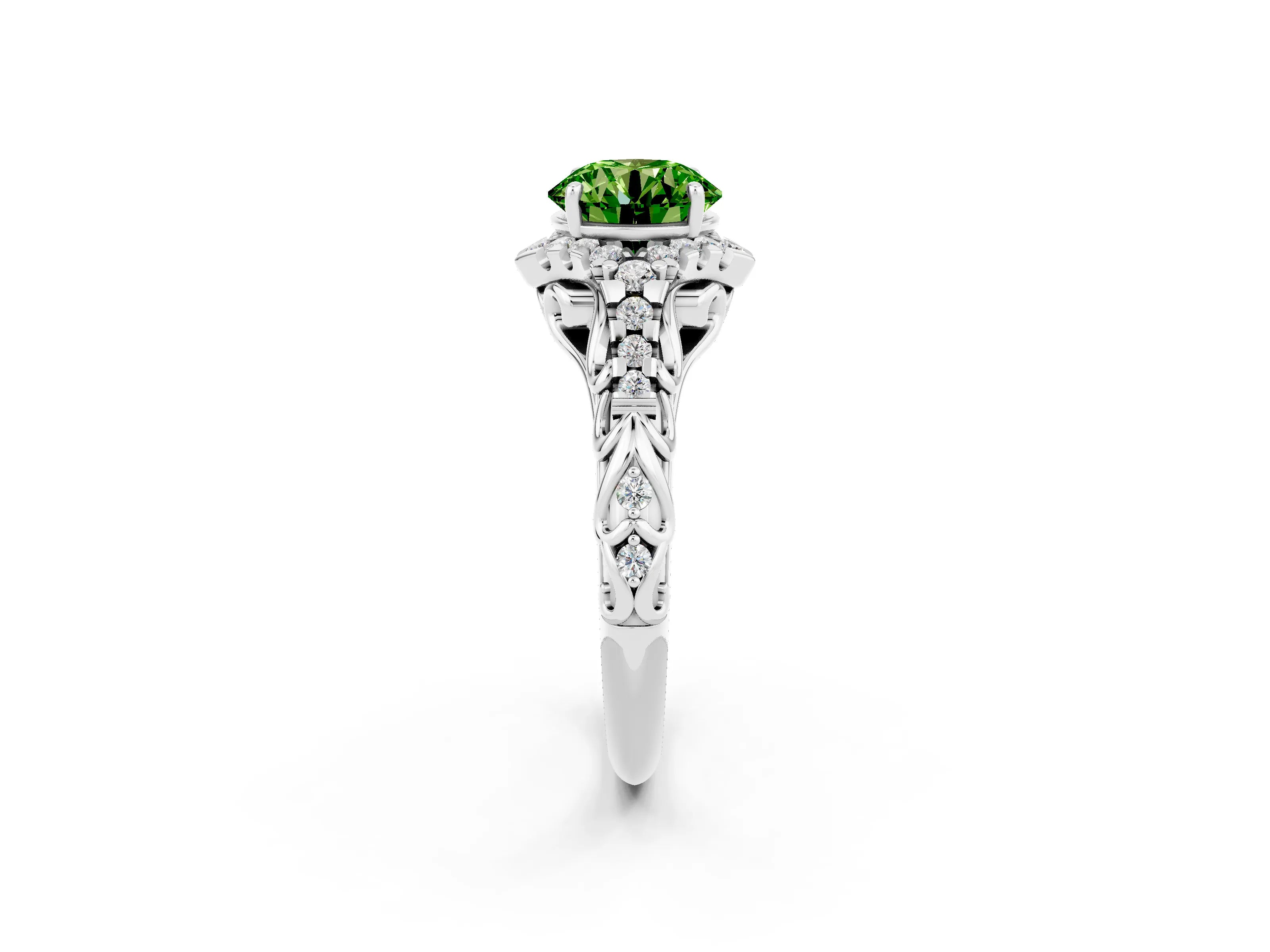 White gold Round Cut Peridot Solitaire Ring with Hidden Halo and Pavé Band_20