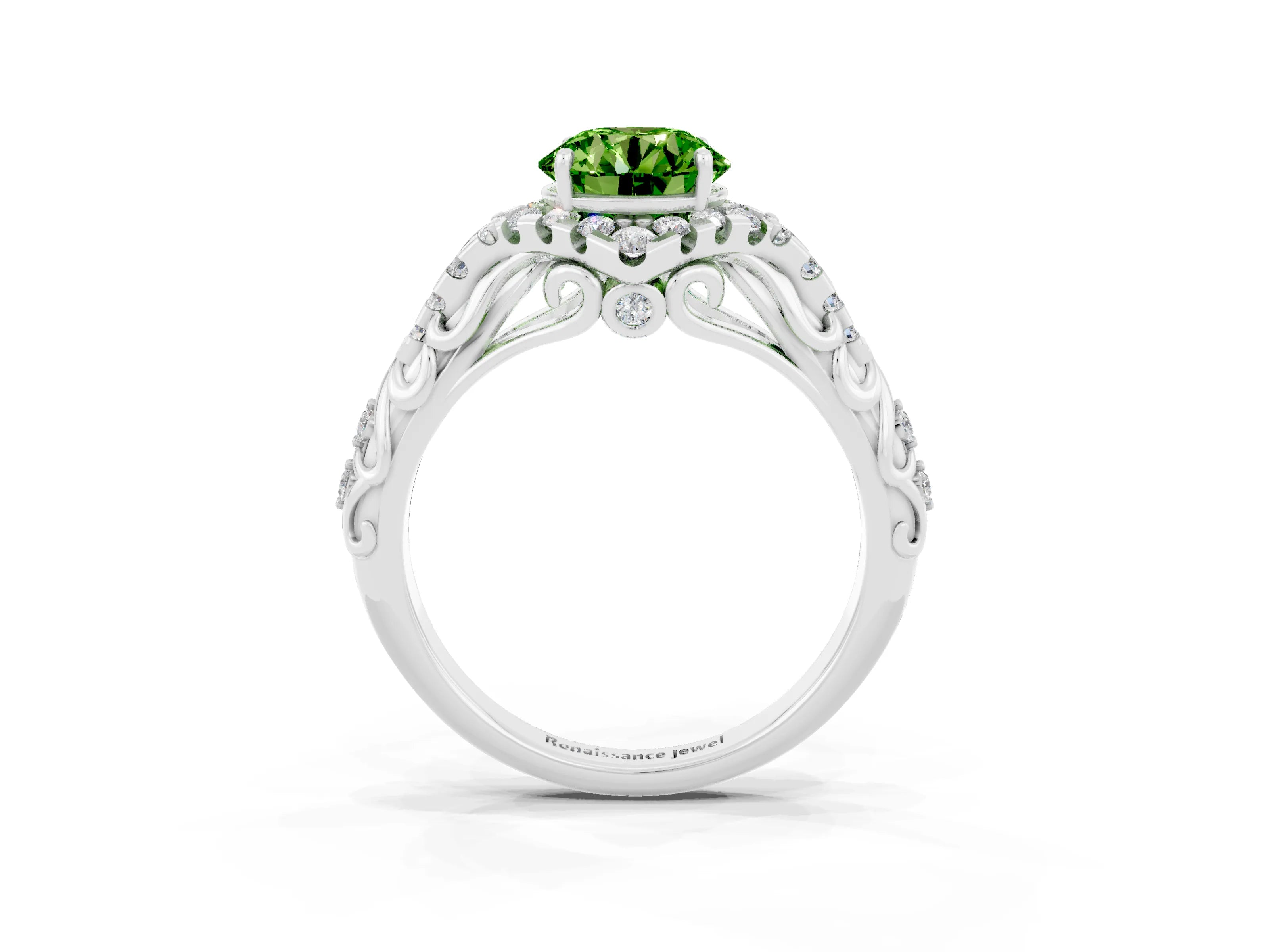 White gold Round Cut Peridot Solitaire Ring with Hidden Halo and Pavé Band_21