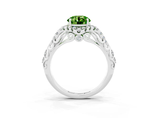 White gold Round Cut Peridot Solitaire Ring with Hidden Halo and Pavé Band