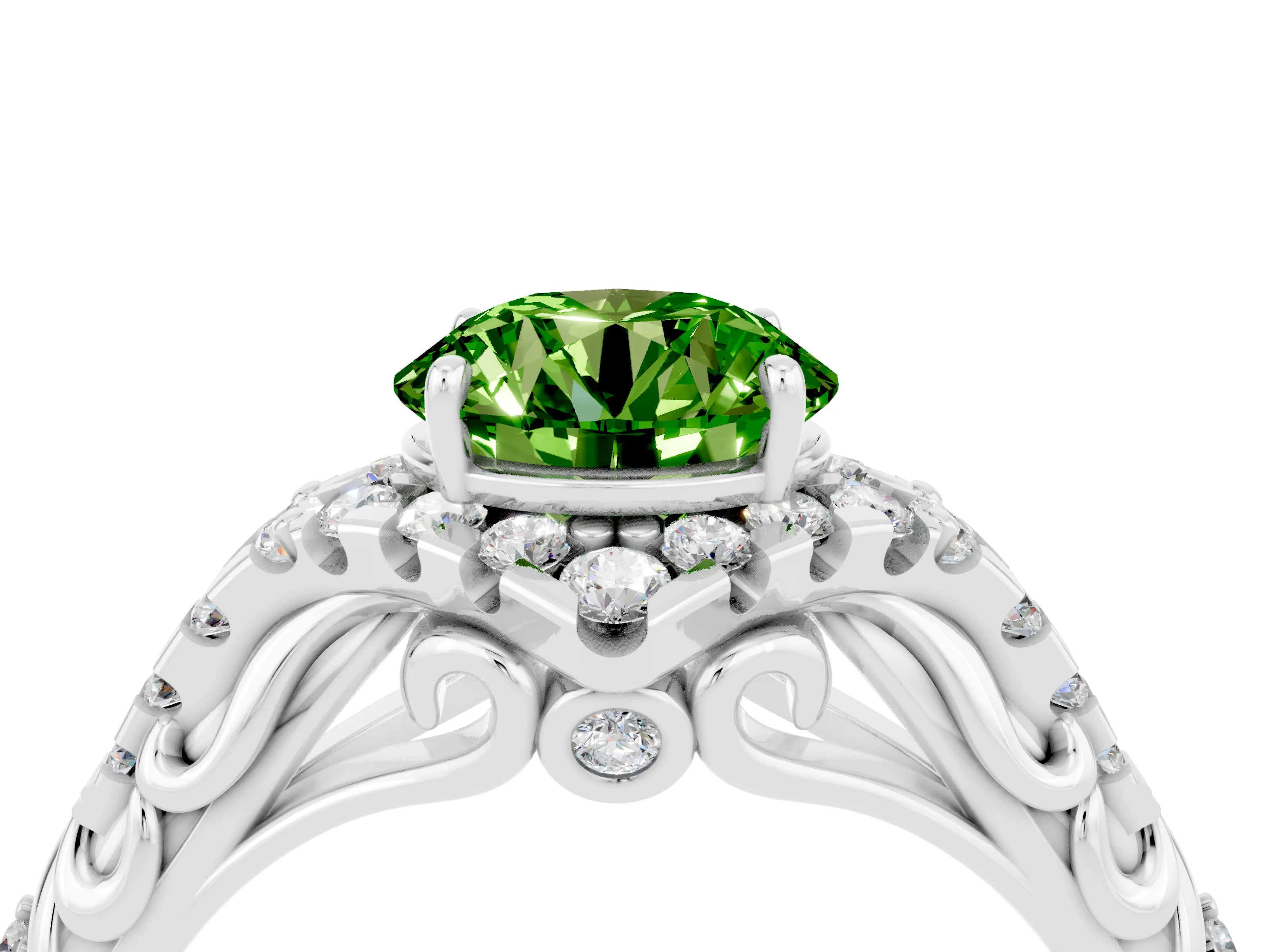 White gold Round Cut Peridot Solitaire Ring with Hidden Halo and Pavé Band_22
