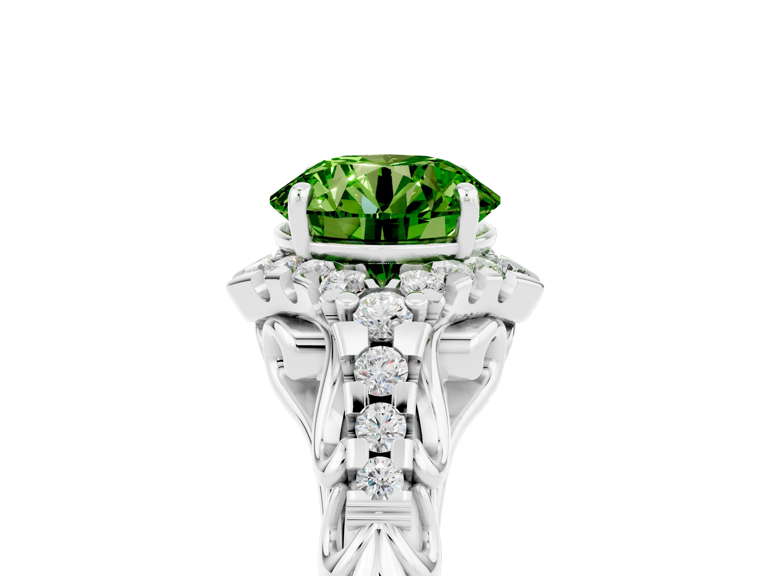 White gold Round Cut Peridot Solitaire Ring with Hidden Halo and Pavé Band_23