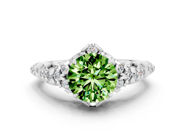 Platinum Round Cut Peridot Solitaire Ring with Hidden Halo and Pavé Band
