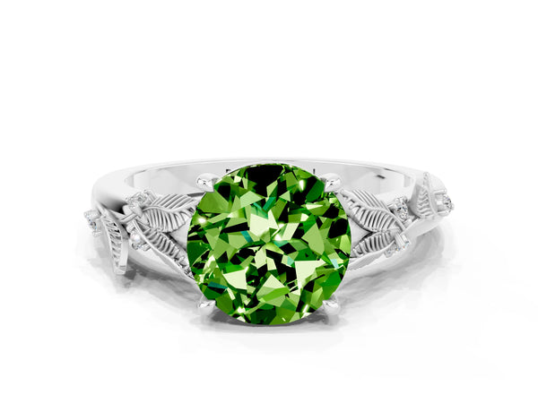 Silver Round Cut Peridot Solitaire Ring with Leaf Motif Band and Four-Prong Setting