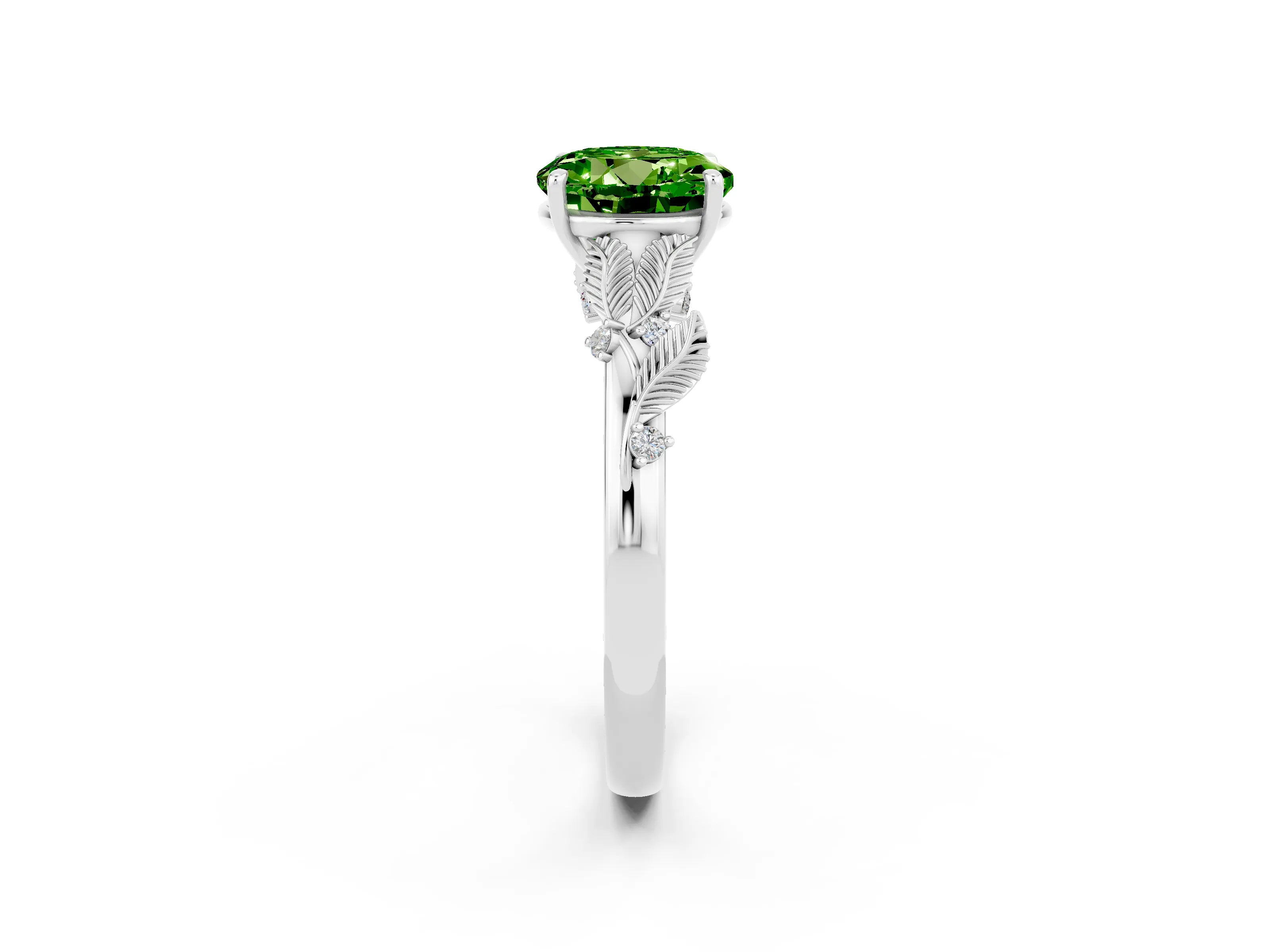White gold Round Cut Peridot Solitaire Ring with Leaf Motif Band and Four-Prong Setting_26