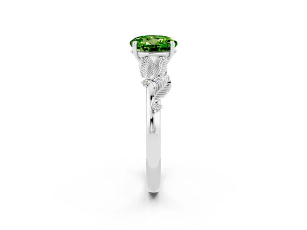 Silver Round Cut Peridot Solitaire Ring with Leaf Motif Band and Four-Prong Setting