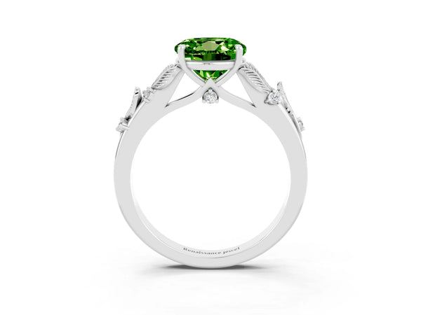 Platinum Round Cut Peridot Solitaire Ring with Leaf Motif Band and Four-Prong Setting