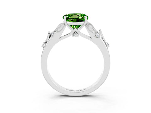 White gold Round Cut Peridot Solitaire Ring with Leaf Motif Band and Four-Prong Setting_27