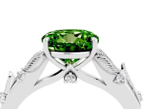 White gold Round Cut Peridot Solitaire Ring with Leaf Motif Band and Four-Prong Setting_28