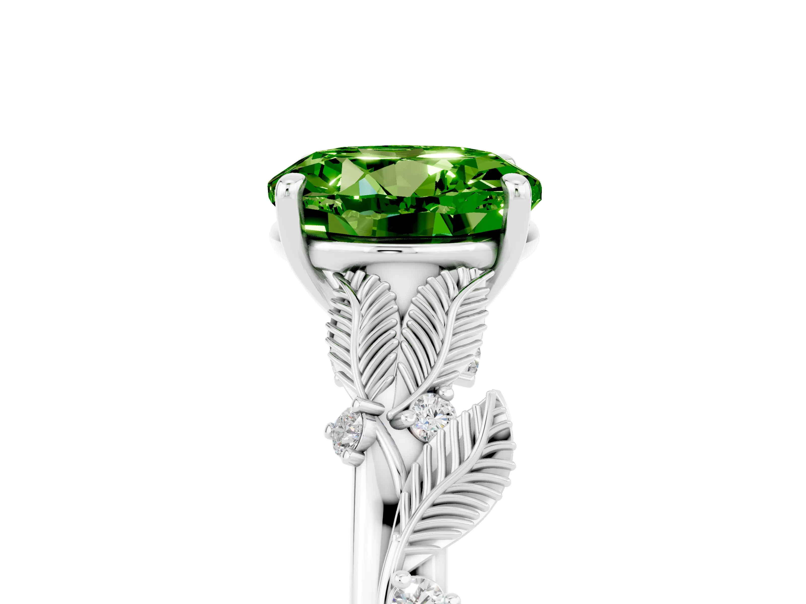 White gold Round Cut Peridot Solitaire Ring with Leaf Motif Band and Four-Prong Setting_29