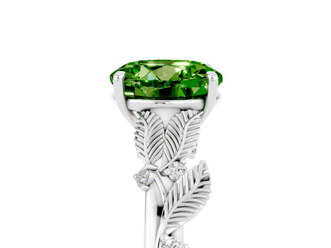 White gold Round Cut Peridot Solitaire Ring with Leaf Motif Band and Four-Prong Setting_29