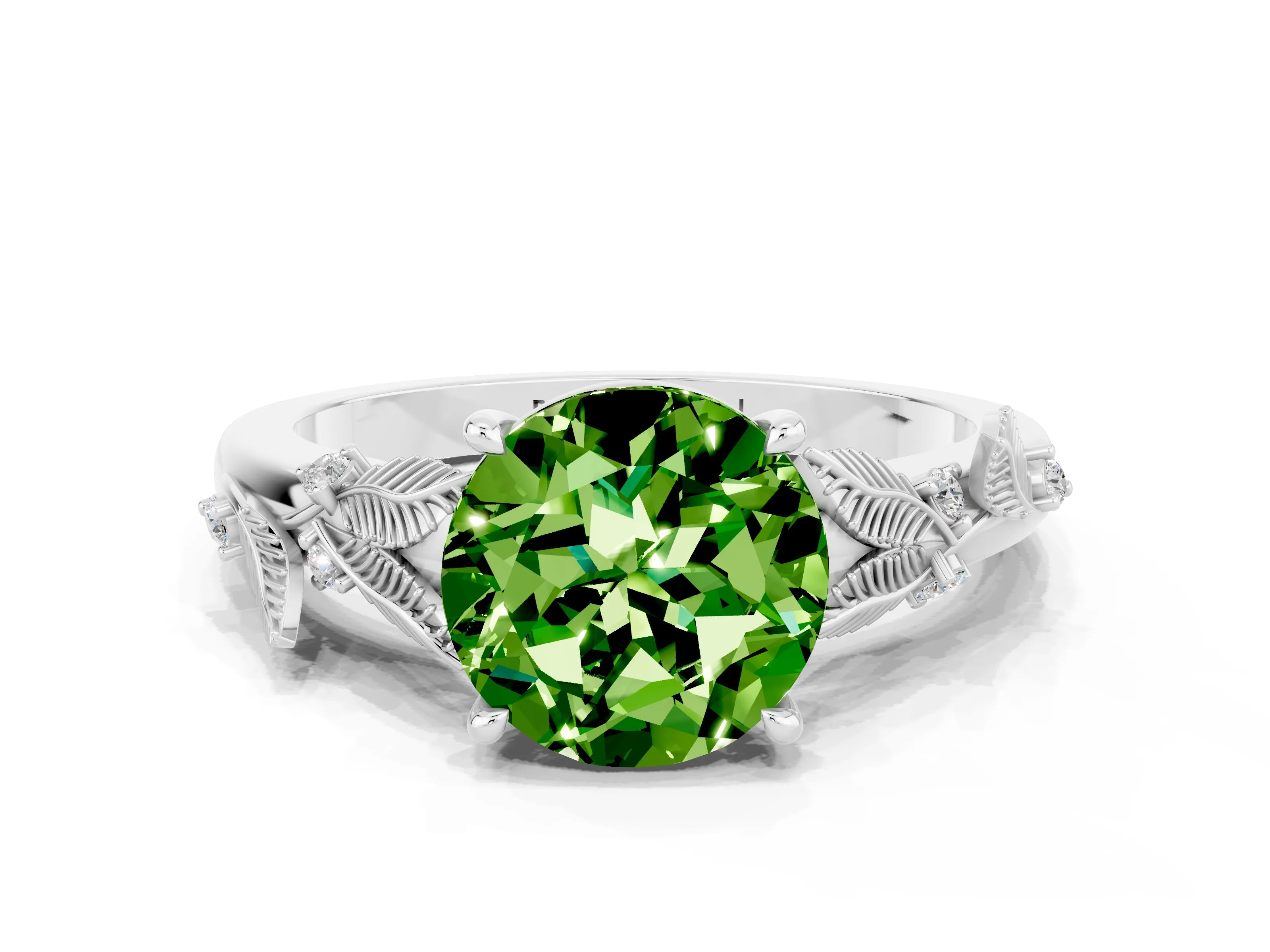 White gold Round Cut Peridot Solitaire Ring with Leaf Motif Band and Four-Prong Setting_32
