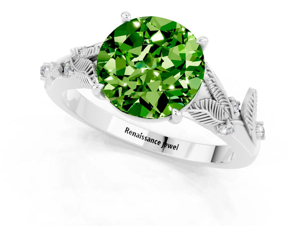 White gold Round Cut Peridot Solitaire Ring with Leaf Motif Band and Four-Prong Setting