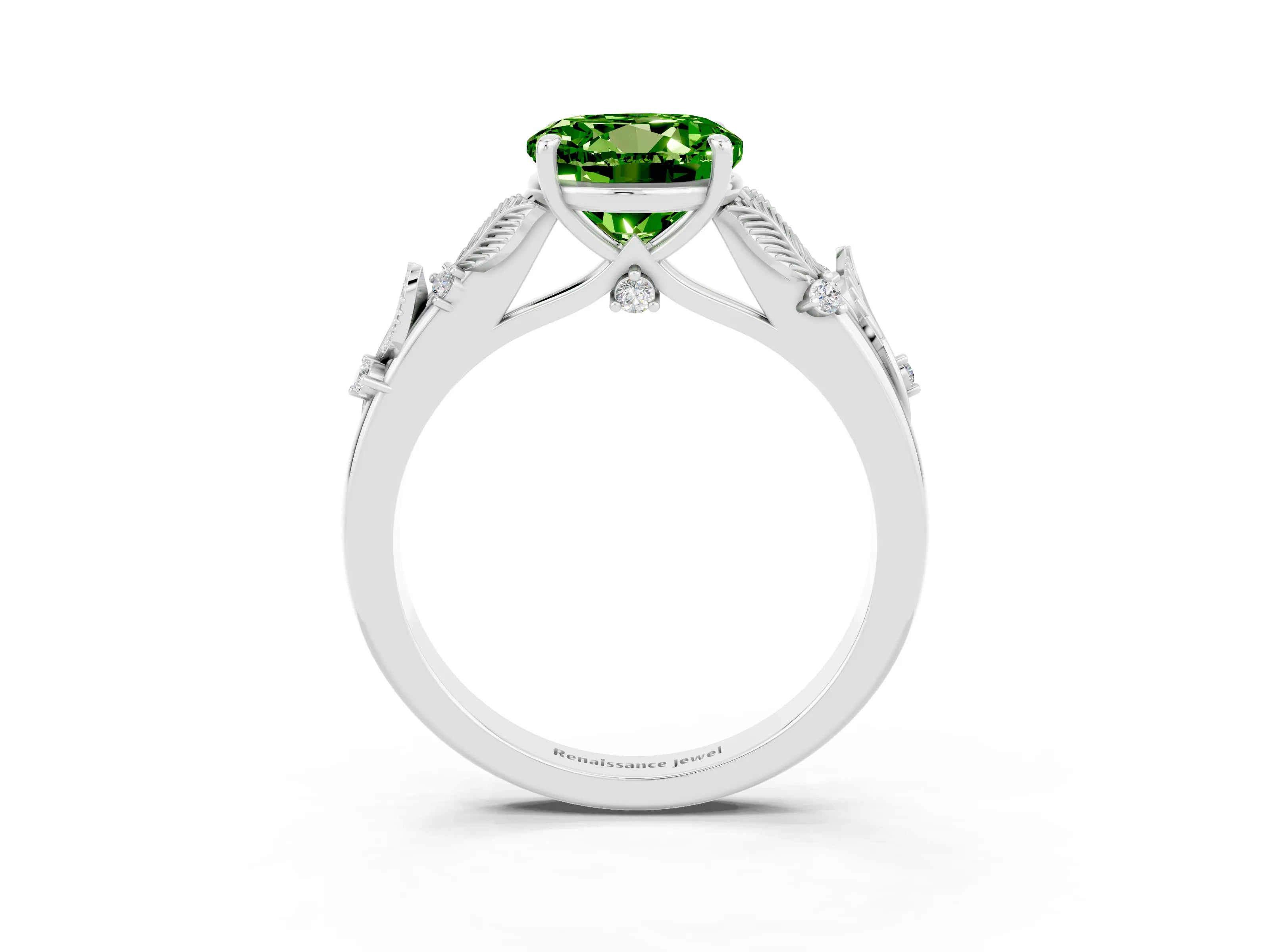 White gold Round Cut Peridot Solitaire Ring with Leaf Motif Band and Four-Prong Setting_35