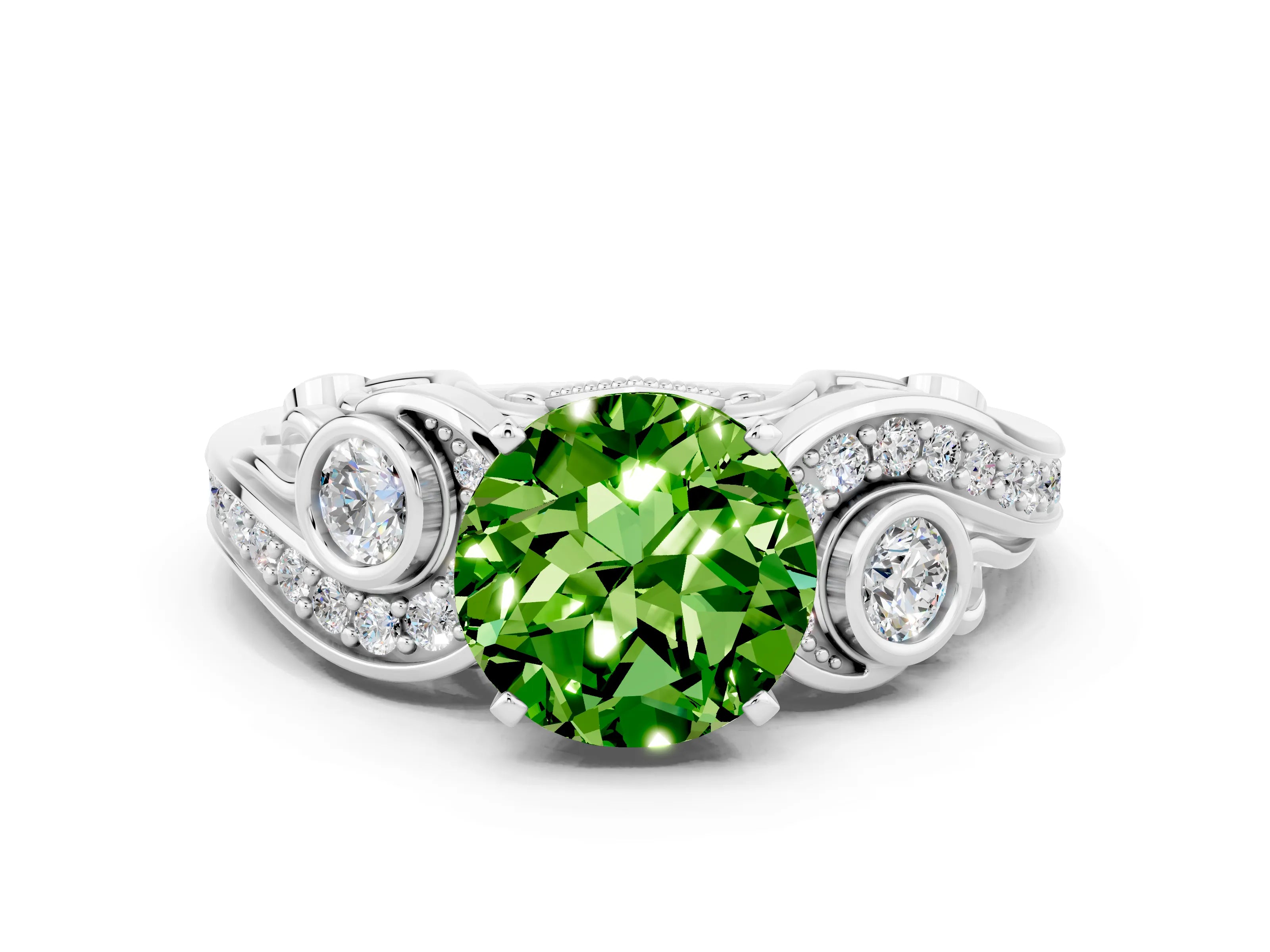 White gold Round Cut Peridot Solitaire Ring with Milgrain Pavé Band and Four-Prong Setting_12