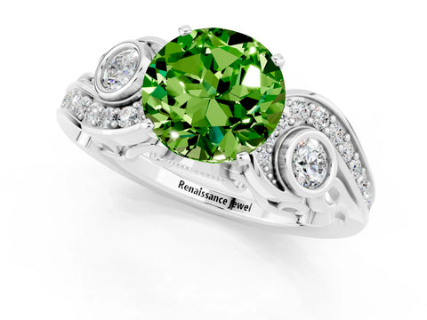 White gold Round Cut Peridot Solitaire Ring with Milgrain Pavé Band and Four-Prong Setting_13
